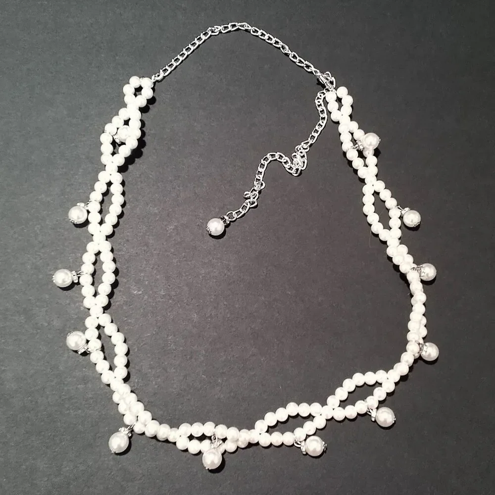 White Faux Pearl Criss Cross Chain Belt Rhinestone Accents Adjustable 40